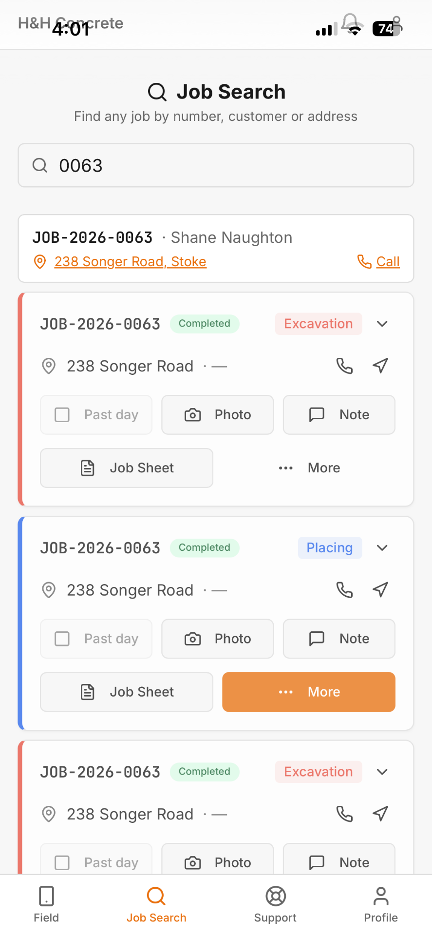 Job Search on mobile — find any job by number, customer or address, view job status, site location and actions